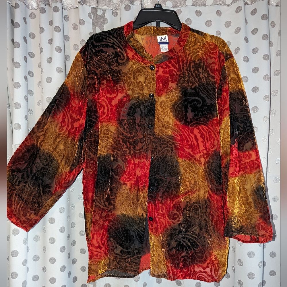 JM COLLECTION Vintage Burnt Velvet Long Sleeve Semi Sheet Button Down XL